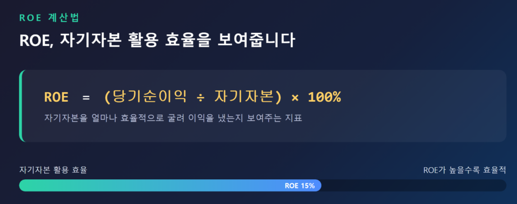 ROE 계산 공식과 자기자본 활용 효율을 설명하는 이미지